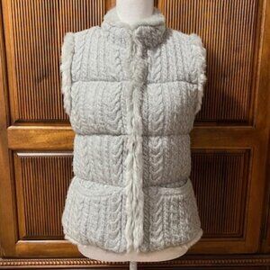 Talbots Silver Gray Sweater Vest Faux Fur Trim Cable Knit Metallic Petite Sm NWT